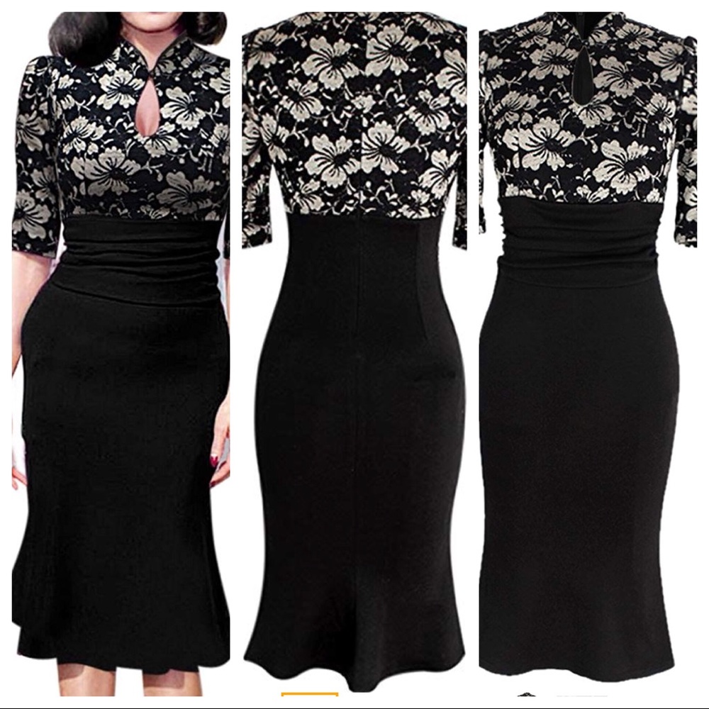 Elegant Vintage Mermaid Midi Dress, Black, Size 14